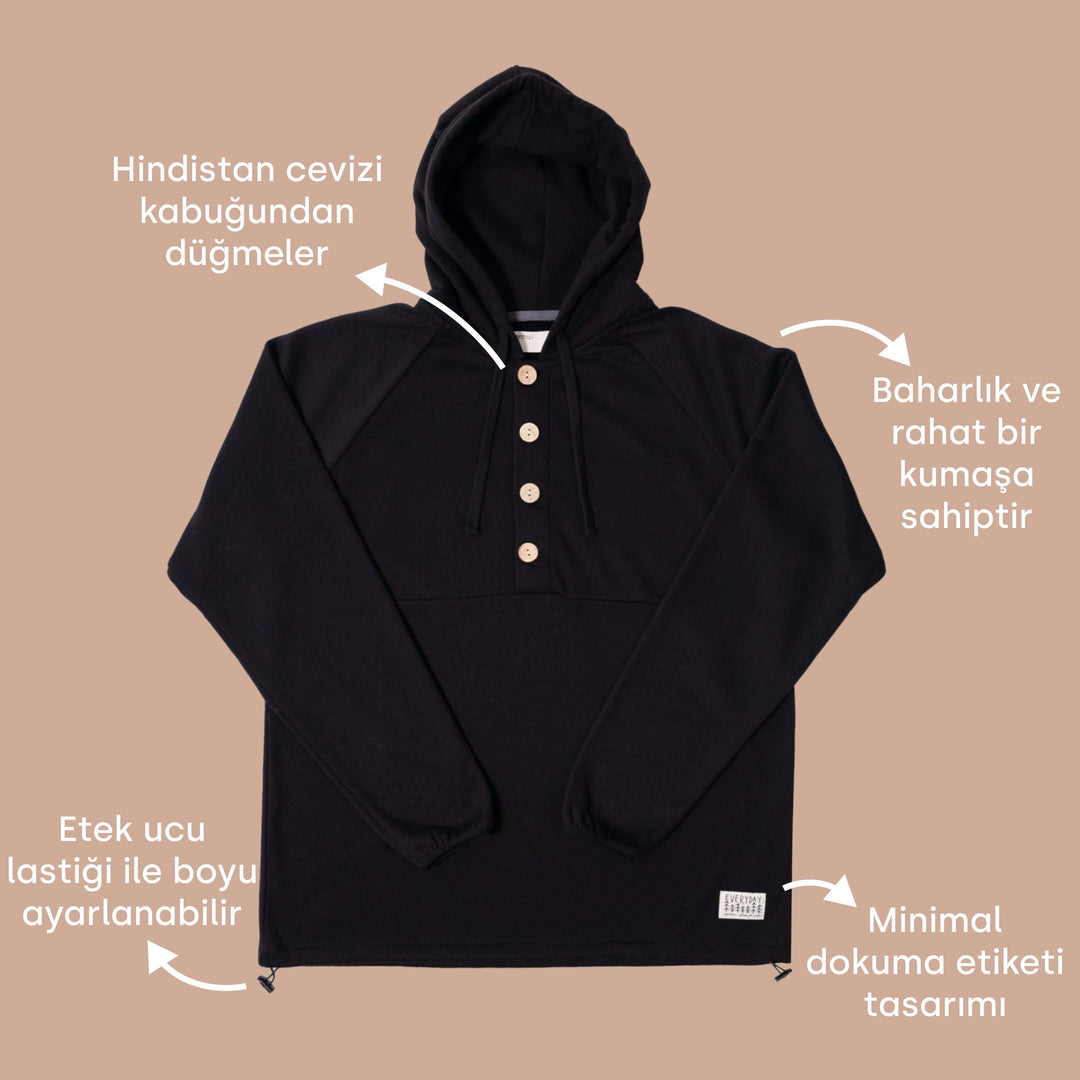 Everyday Düğmeli Hoodie - Siyah